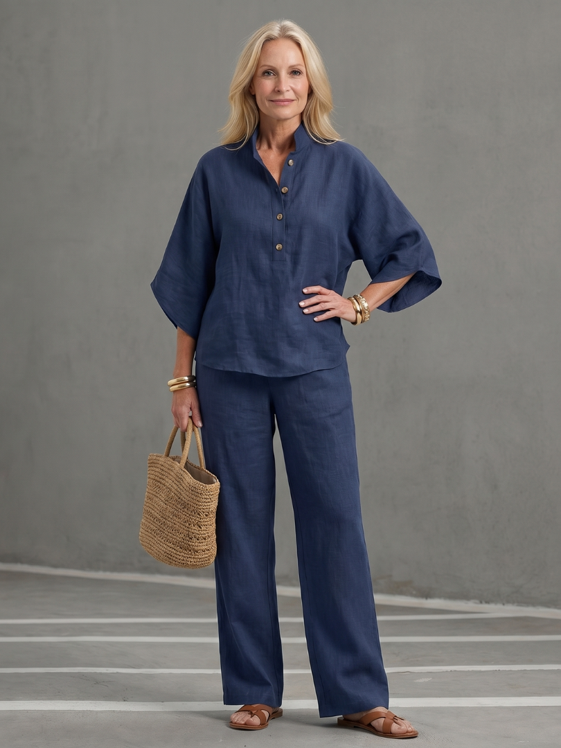 Arianne Ensemble Tunique et Pantalon – Ensemble Décontracté en Coton et Lin à Boutons
