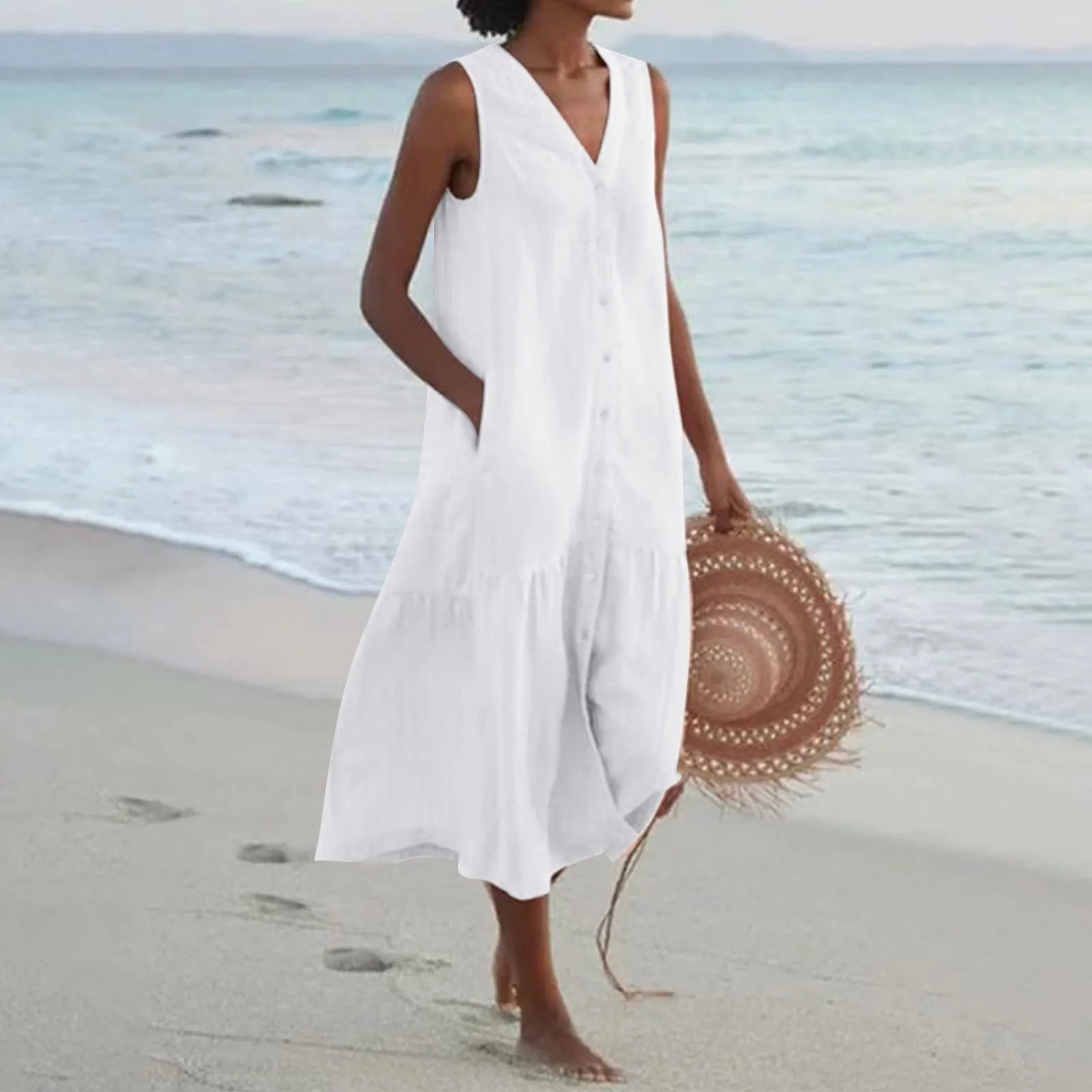 Ainsley Robe Longue Femme – Robe Sans Manches à Col V avec Coupe Fluide et Style Estival