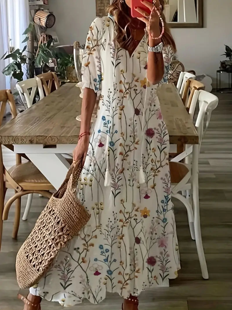 Madison Robe Bohème Femme – Robe Maxi à Col V, Motif Ikat & Coupe Fluide