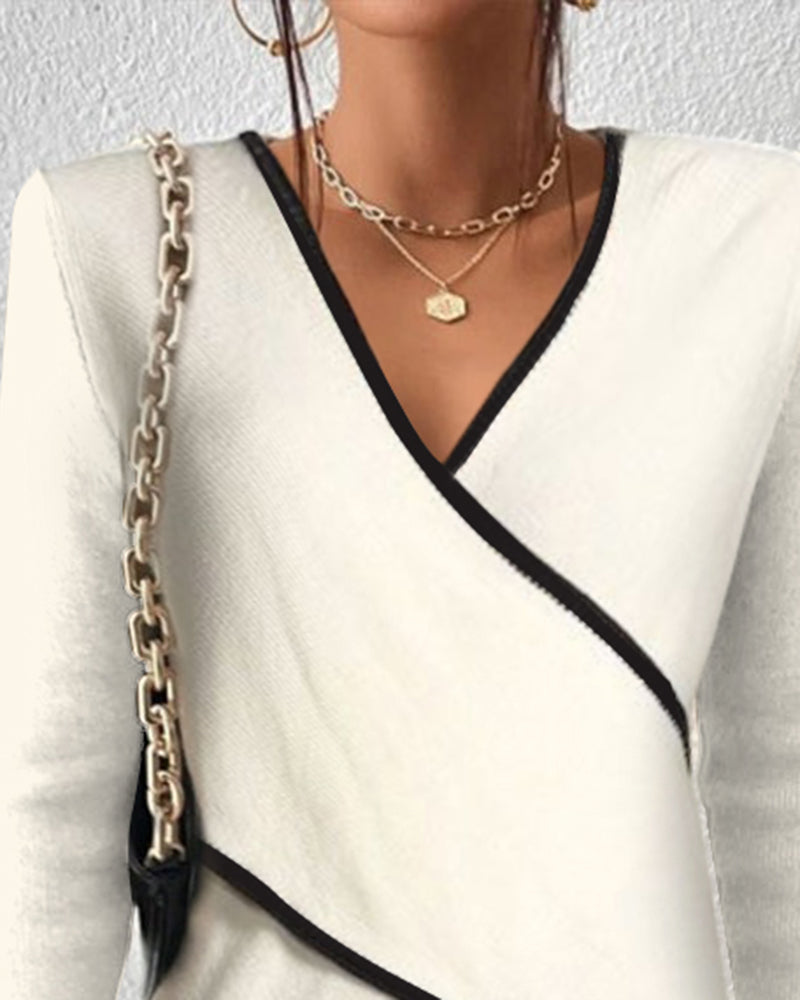 Alessia Pull Femme – Pull Croisé à Col V avec Finitions Contrastées Élégantes