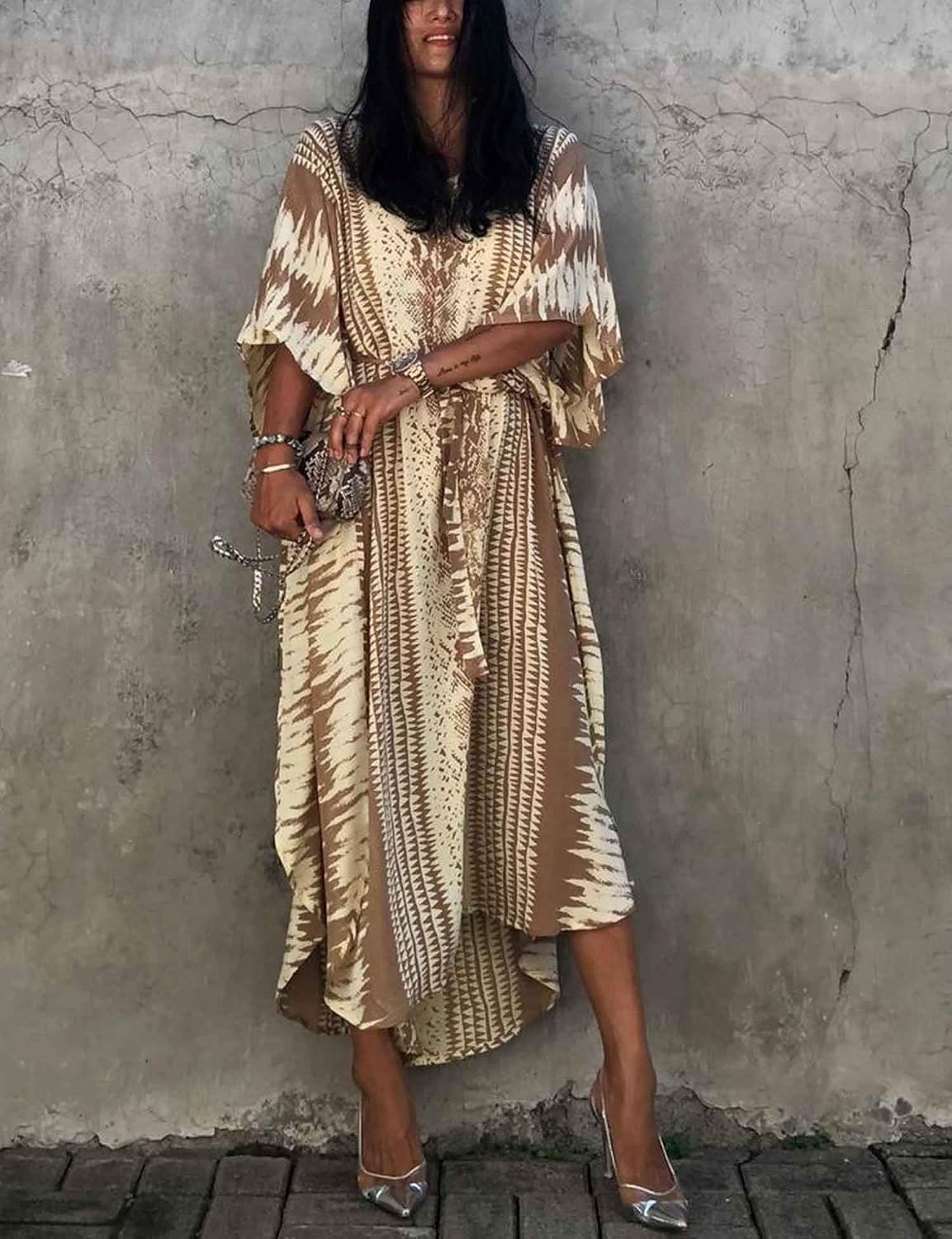Joanna Caftan Femme – Robe Longue Ample à Col V avec Ceinture