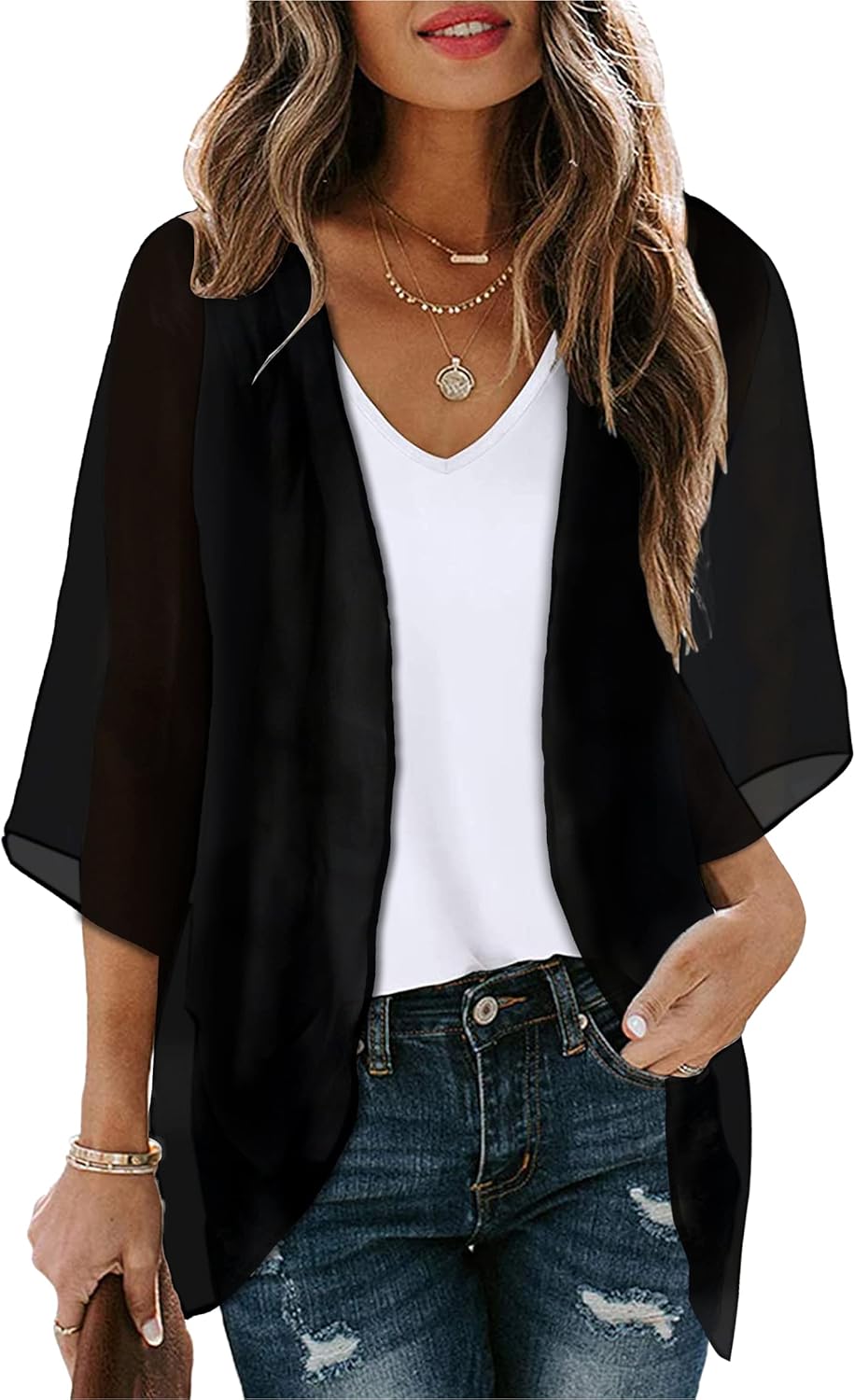 Noemi Kimono Femme – Kimono Léger en Mousseline à Imprimé Floral avec Manches 3/4