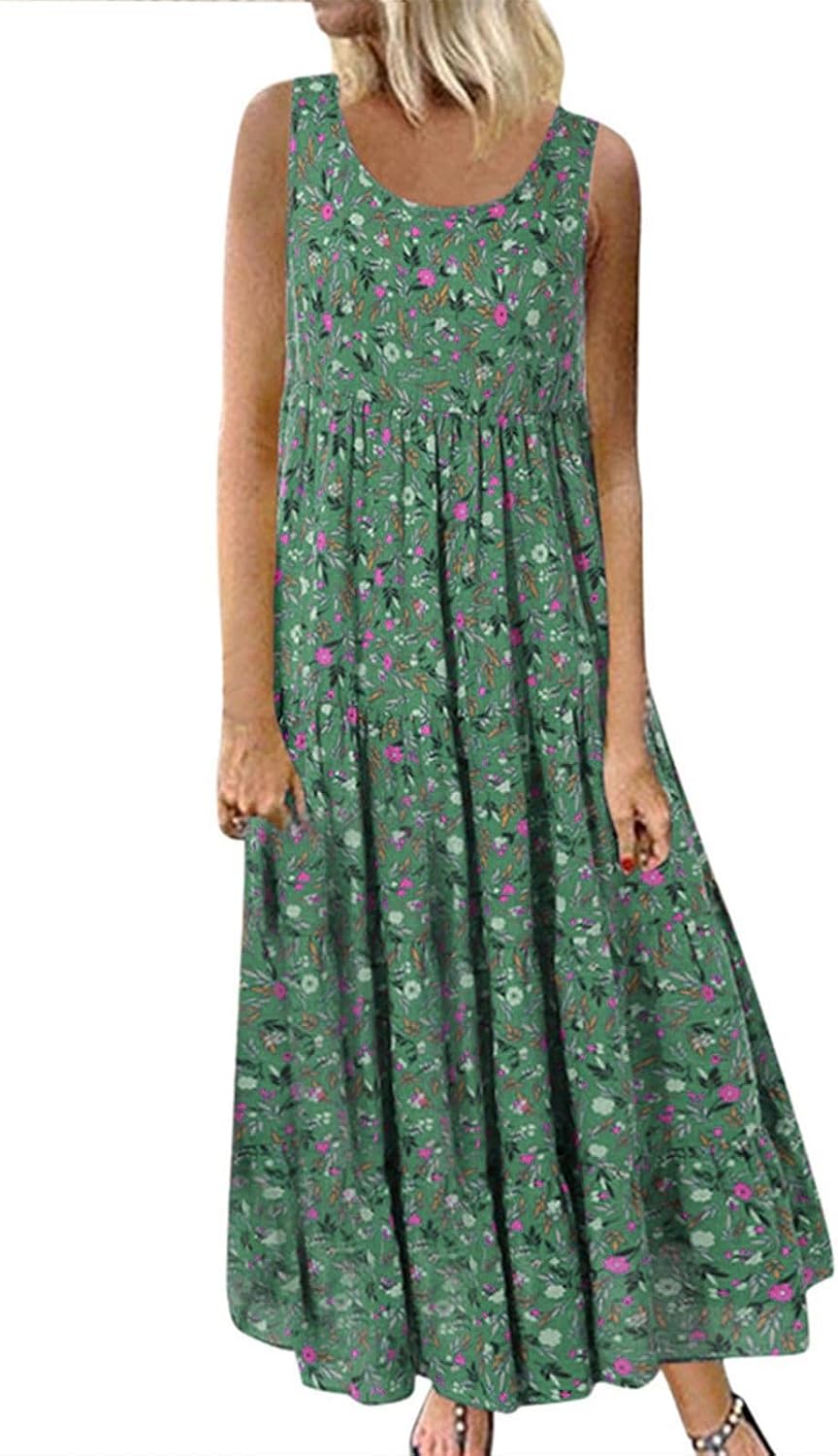 Alessandra Robe Femme Grande Taille – Robe Longue Fleurie Sans Manches à Col Rond Coupe Évasée