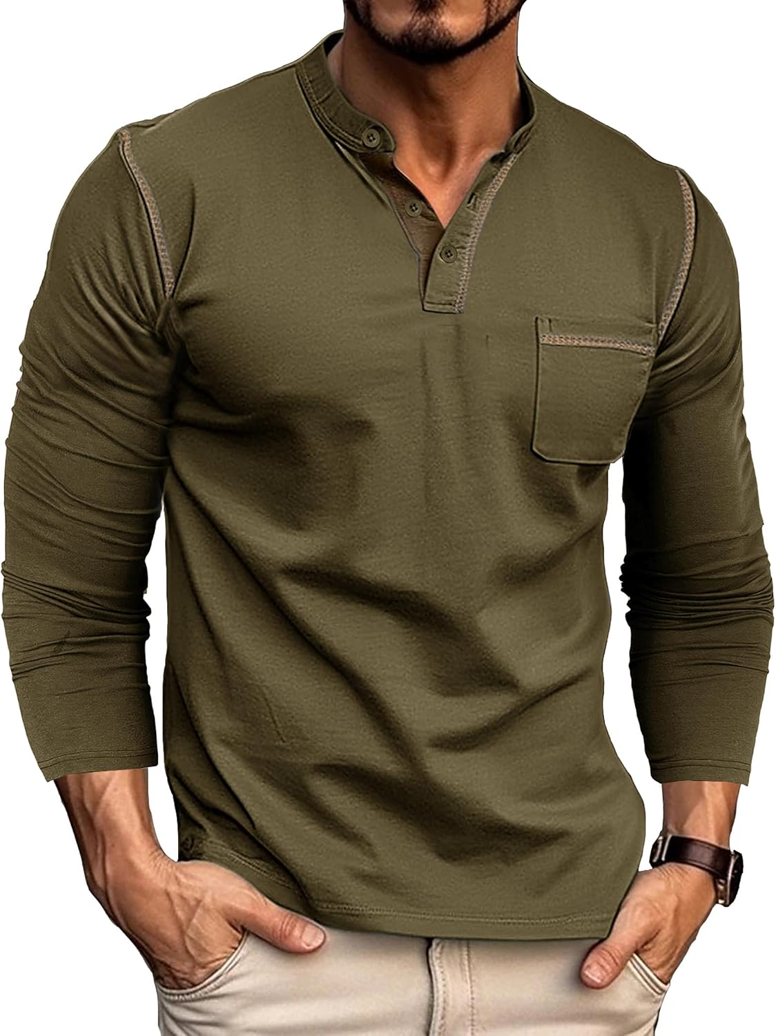 Nathan T-Shirt Henley Homme à Manches Longues – Haut Casual en Coton avec Col Boutonné