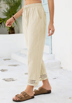 Samantha Pantalon Femme – Pantalon Court Ample avec Taille Élastiquée, Cordon de Serrage et Finition en Dentelle
