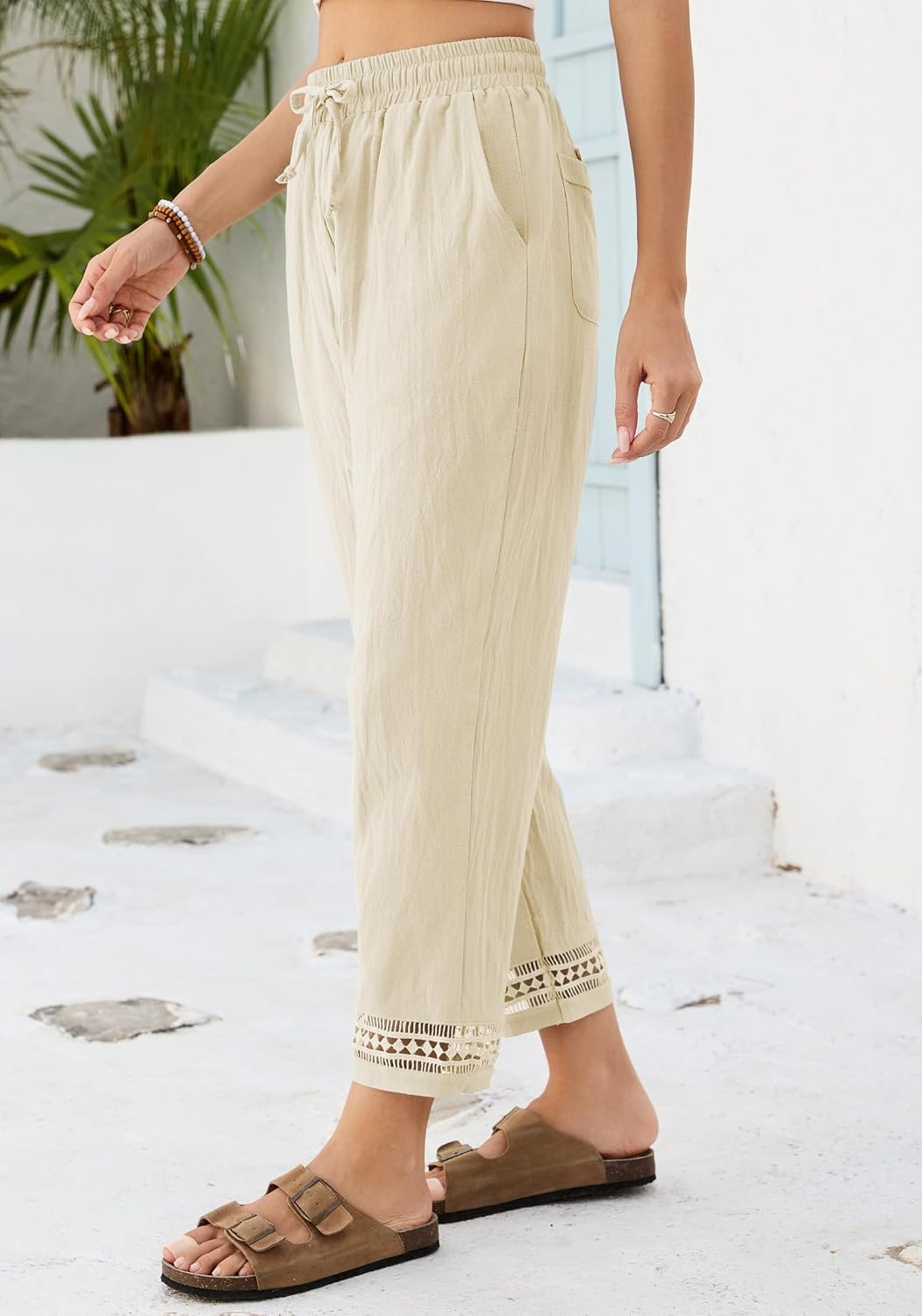 Samantha Pantalon Femme – Pantalon Court Ample avec Taille Élastiquée, Cordon de Serrage et Finition en Dentelle