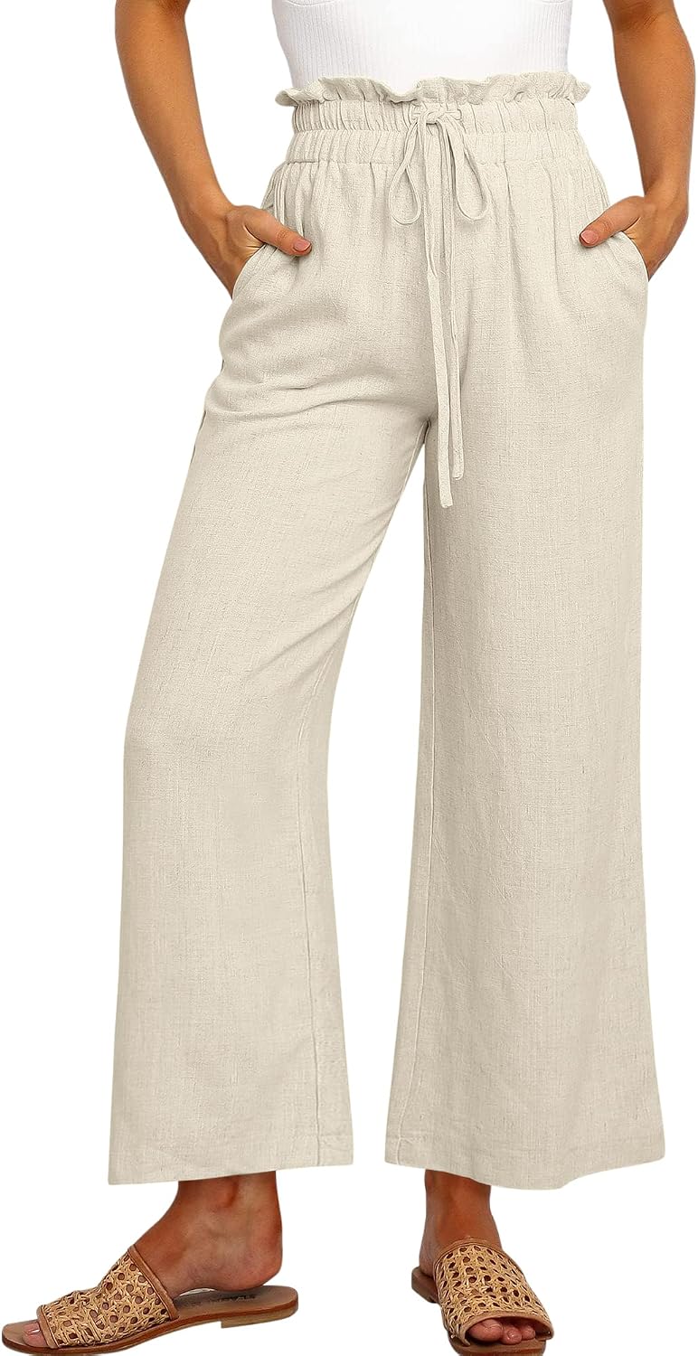 Bianca Pantalon Palazzo en Lin – Pantalon Taille Haute Léger avec Cordon de Serrage