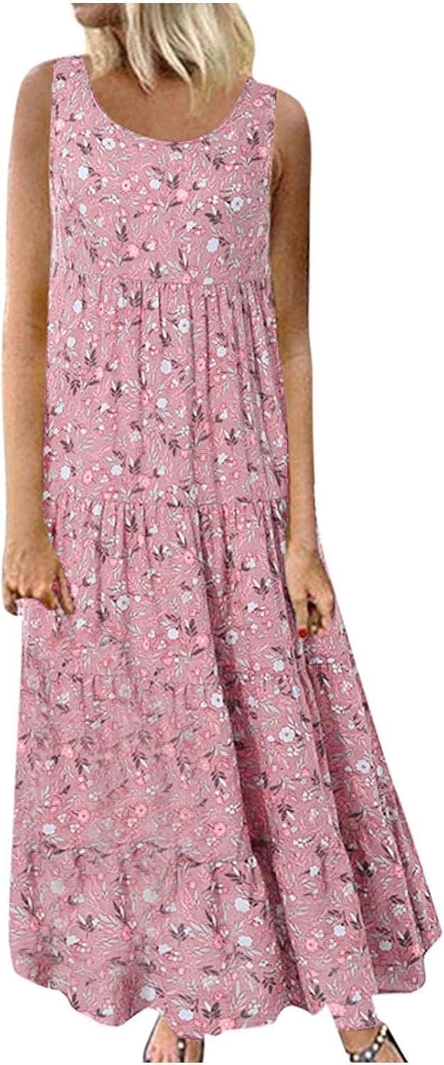 Alessandra Robe Femme Grande Taille – Robe Longue Fleurie Sans Manches à Col Rond Coupe Évasée