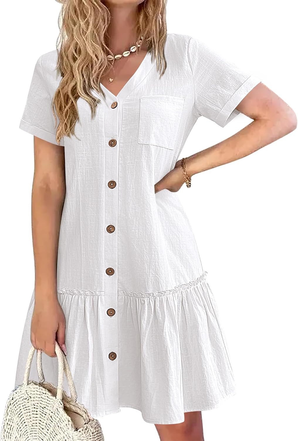 Lison Robe d'Été – Robe Courte en Mélange Coton-Lin à Col V Boutonné