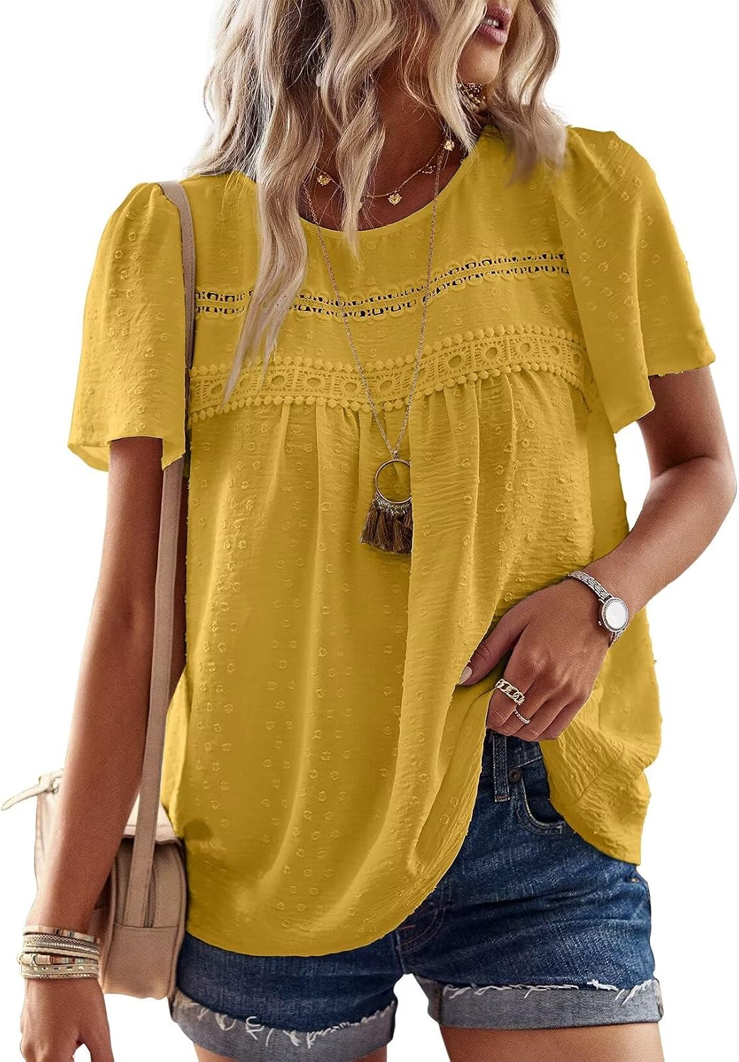 Elvira Haut Femme – Blouse Fluide à Col Rond avec Dentelle Crochetée et Manches Courtes