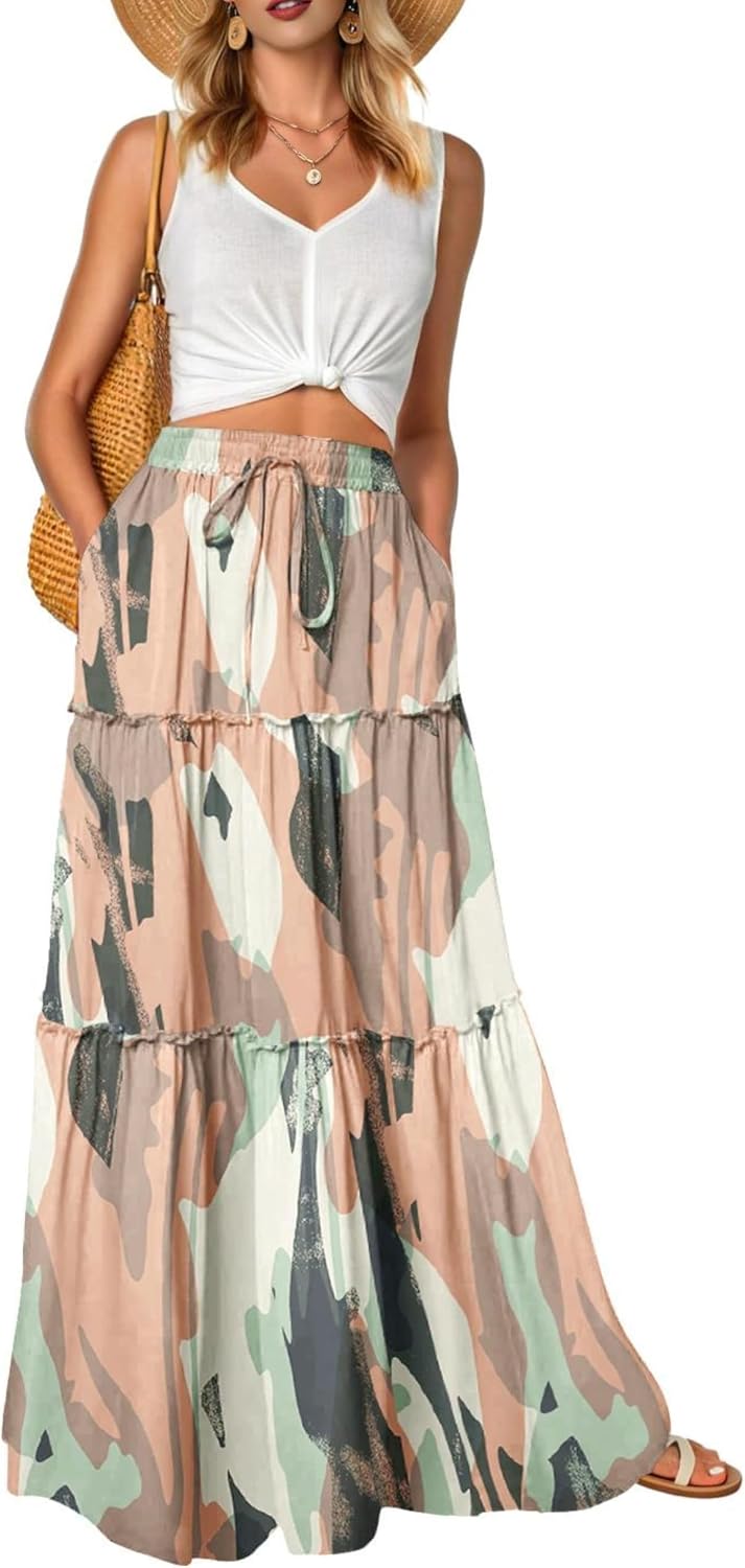 Léonie Jupe Longue Fleurie Bohème – Jupe Maxi Taille Haute Fluide avec Poches