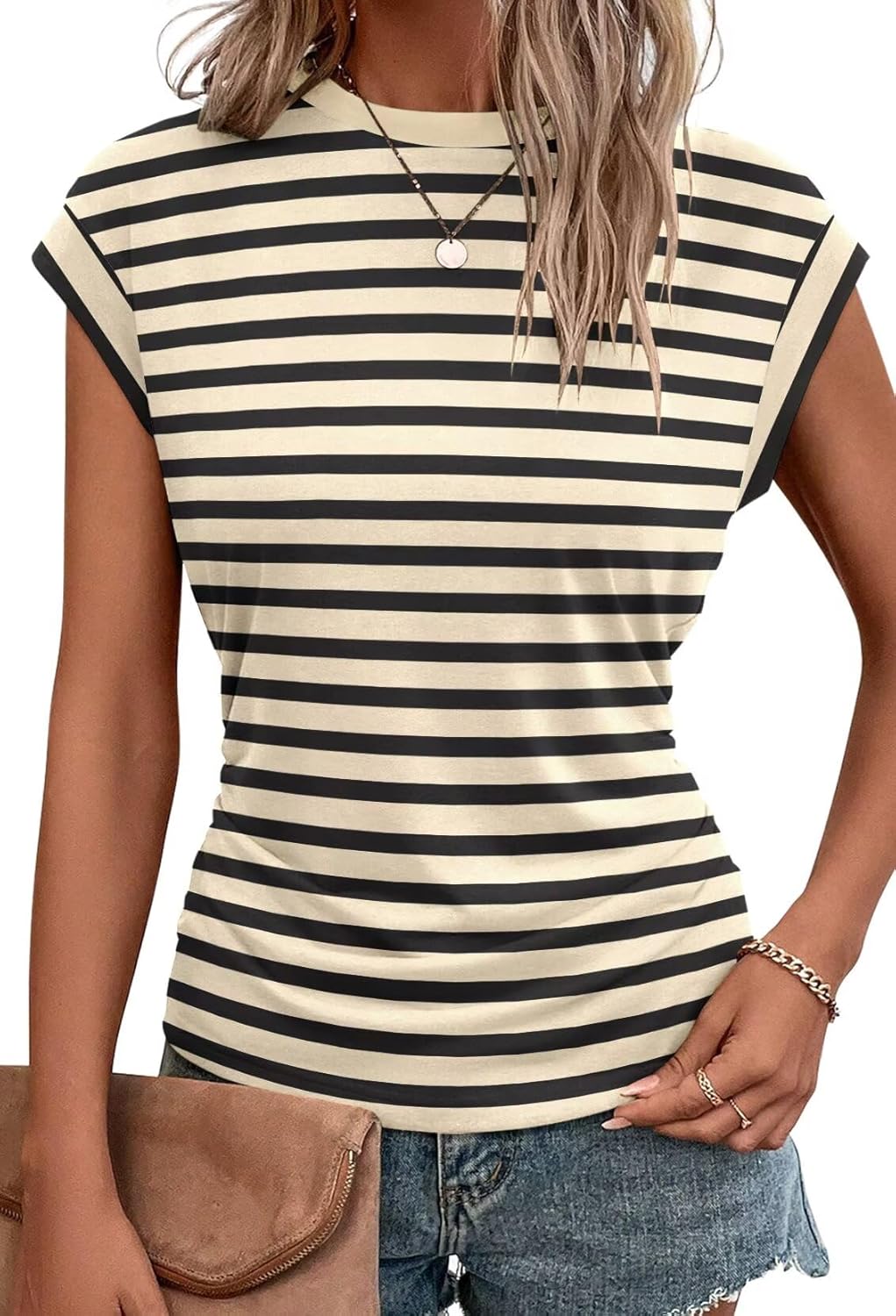 Bianca Haut Femme – T-Shirt Ample à Manches Courtes avec Détails Plissés