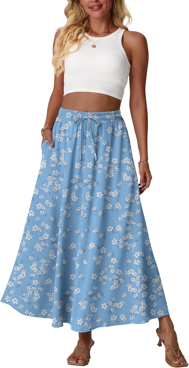 Mireille Jupe Maxi Fleurie – Jupe Longue Taille Haute Fluide avec Poches