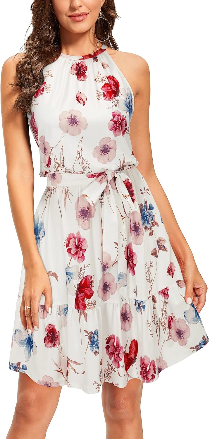 Ophélie Robe Femme – Robe Mi-Longue à Col Halter avec Volants et Poches