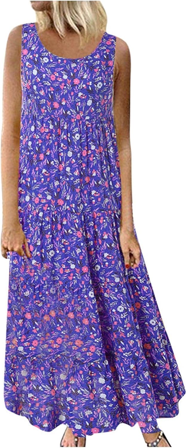 Alessandra Robe Femme Grande Taille – Robe Longue Fleurie Sans Manches à Col Rond Coupe Évasée