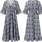 Charlotte Robe Femme Grande Taille – Robe Longue Fleurie à Col V avec Taille Élastiquée et Manches 3/4