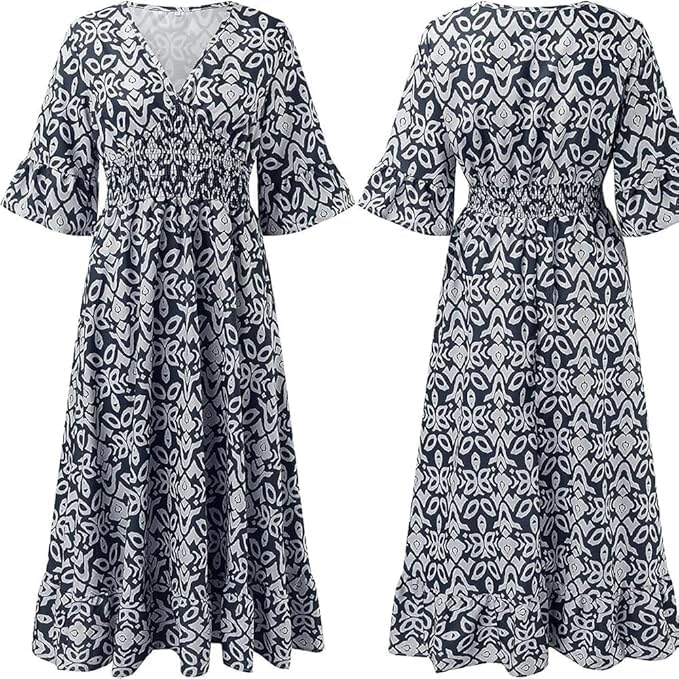 Charlotte Robe Femme Grande Taille – Robe Longue Fleurie à Col V avec Taille Élastiquée et Manches 3/4