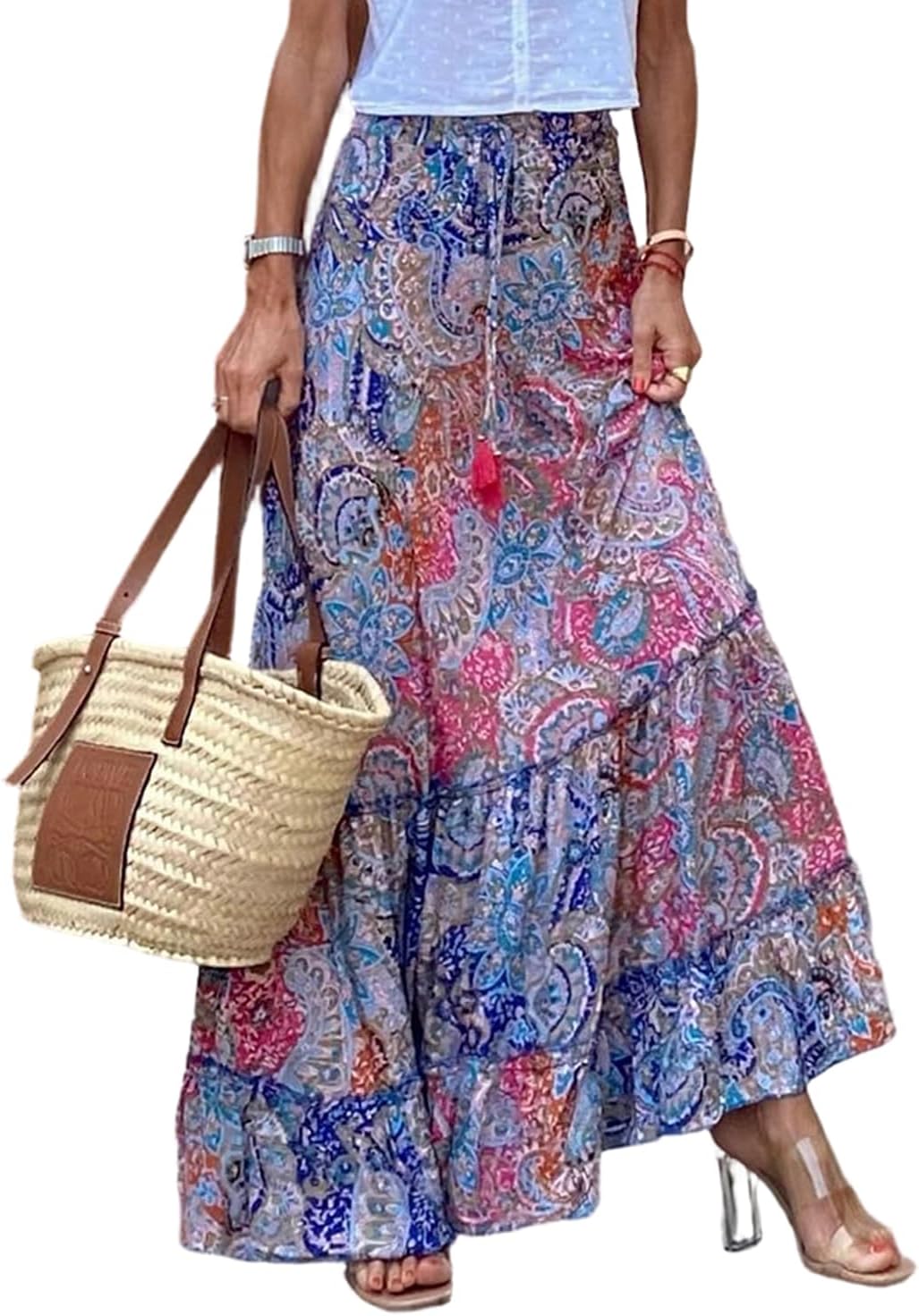 Maëlle Jupe Maxi Bohème – Jupe Longue Fleurie Taille Smockée