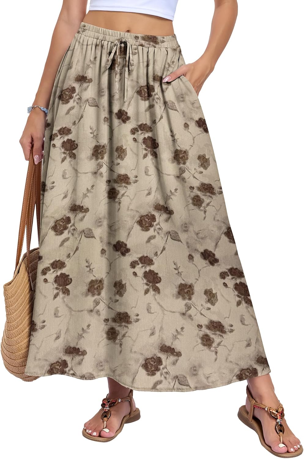 Solenne Jupe Longue – Jupe Maxi Taille Haute Fluide avec Poches Style Bohème d'Été