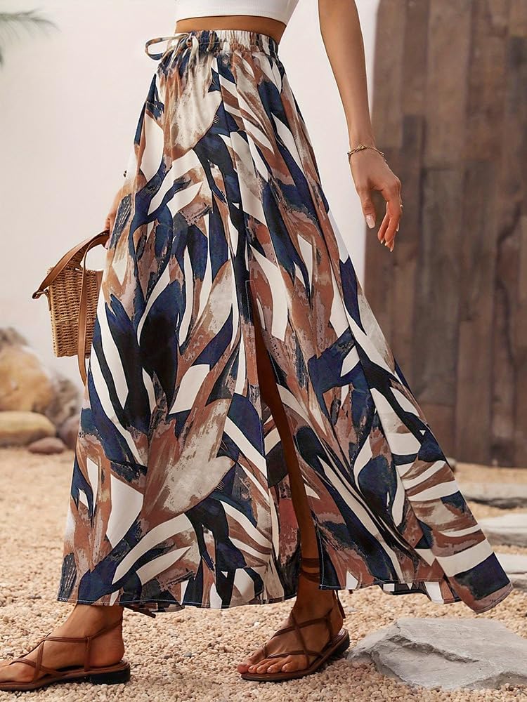 Delphine Jupe Maxi – Jupe Longue Imprimée Taille Haute avec Fente Élégante