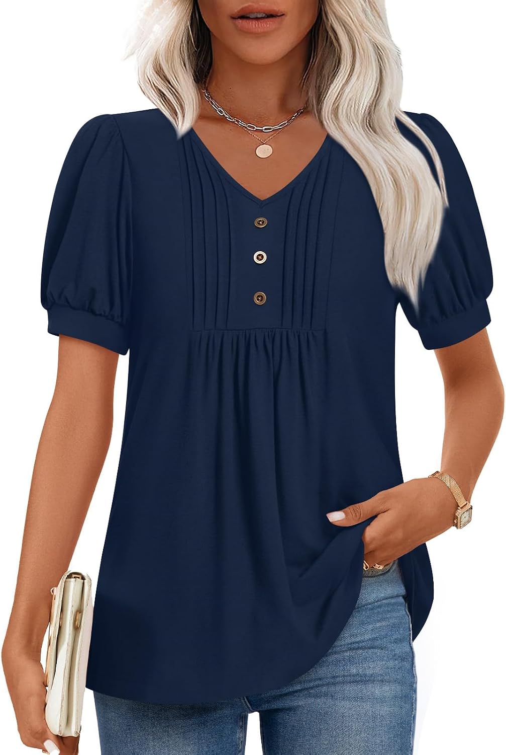 Lucille Blouse Femme – Haut à Col V avec Manches Bouffantes et Détails Boutonnés