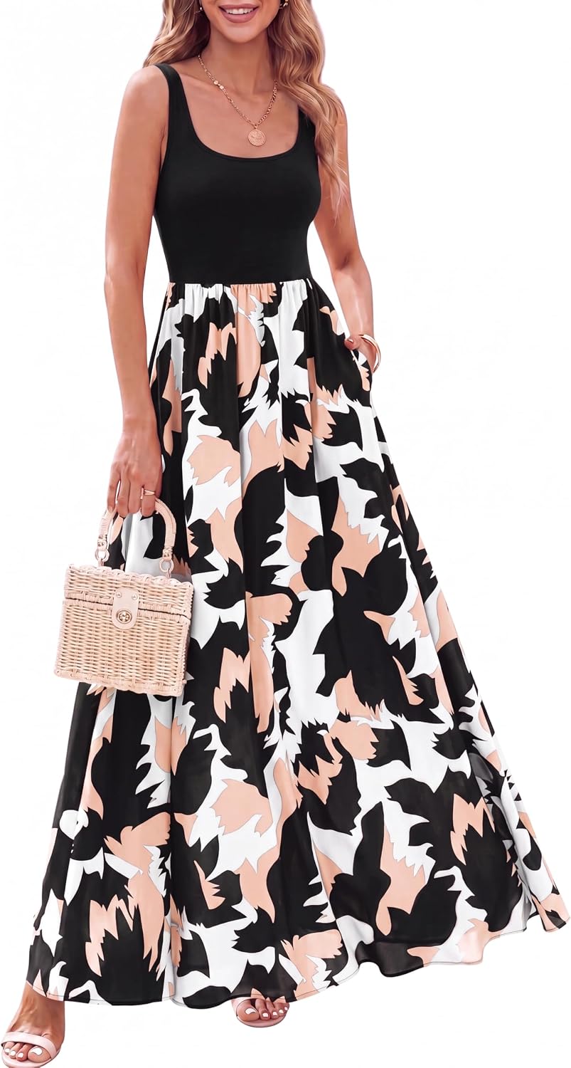 Camille Robe Longue Femme – Coupe Trapèze Fleurie Sans Manches à Col Rond