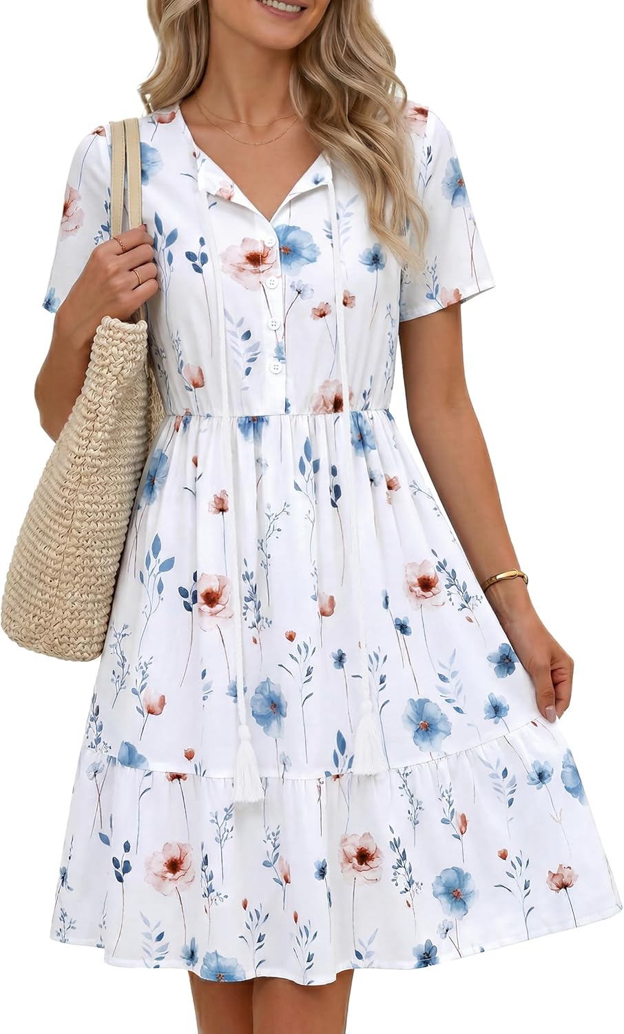 Monique Robe Midi Femme – Imprimé Bohème à Col V avec Manches Courtes