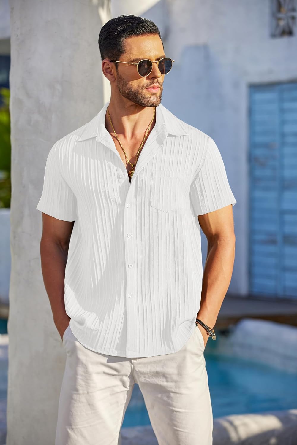Bastien Chemise Homme – Chemise Texturée à Manches Courtes avec Poche