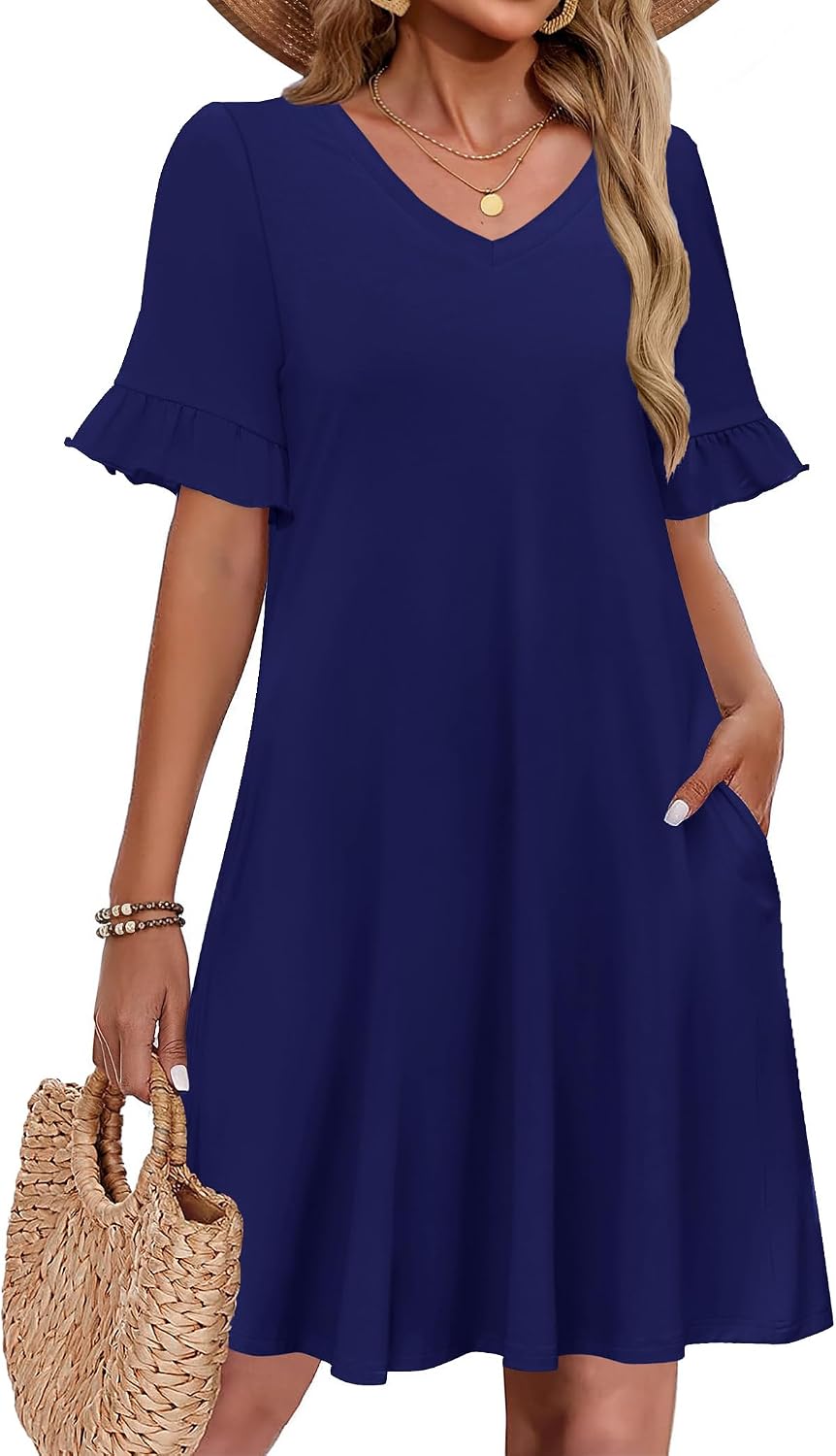Patricia Robe Courte Femme – Coupe Trapèze Fleurie avec Col V et Poches