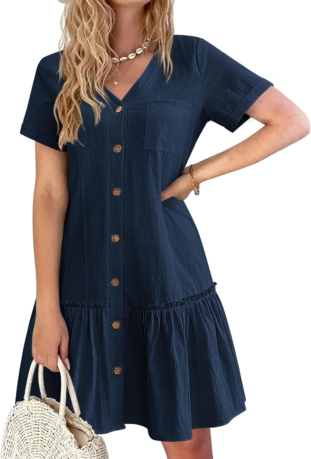 Lison Robe d'Été – Robe Courte en Mélange Coton-Lin à Col V Boutonné
