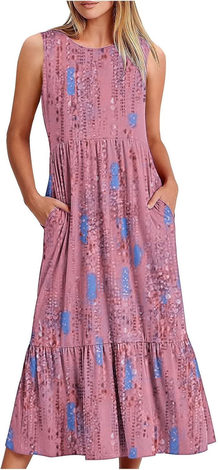 Alessandra Robe Femme Grande Taille – Robe Longue Fleurie Sans Manches à Col Rond Coupe Évasée