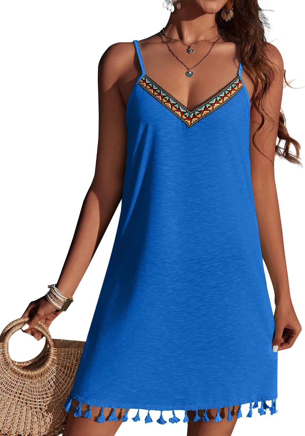 Maëlle Robe de Plage Femme – Robe Courte Bohème à Col V avec Bretelles Réglables