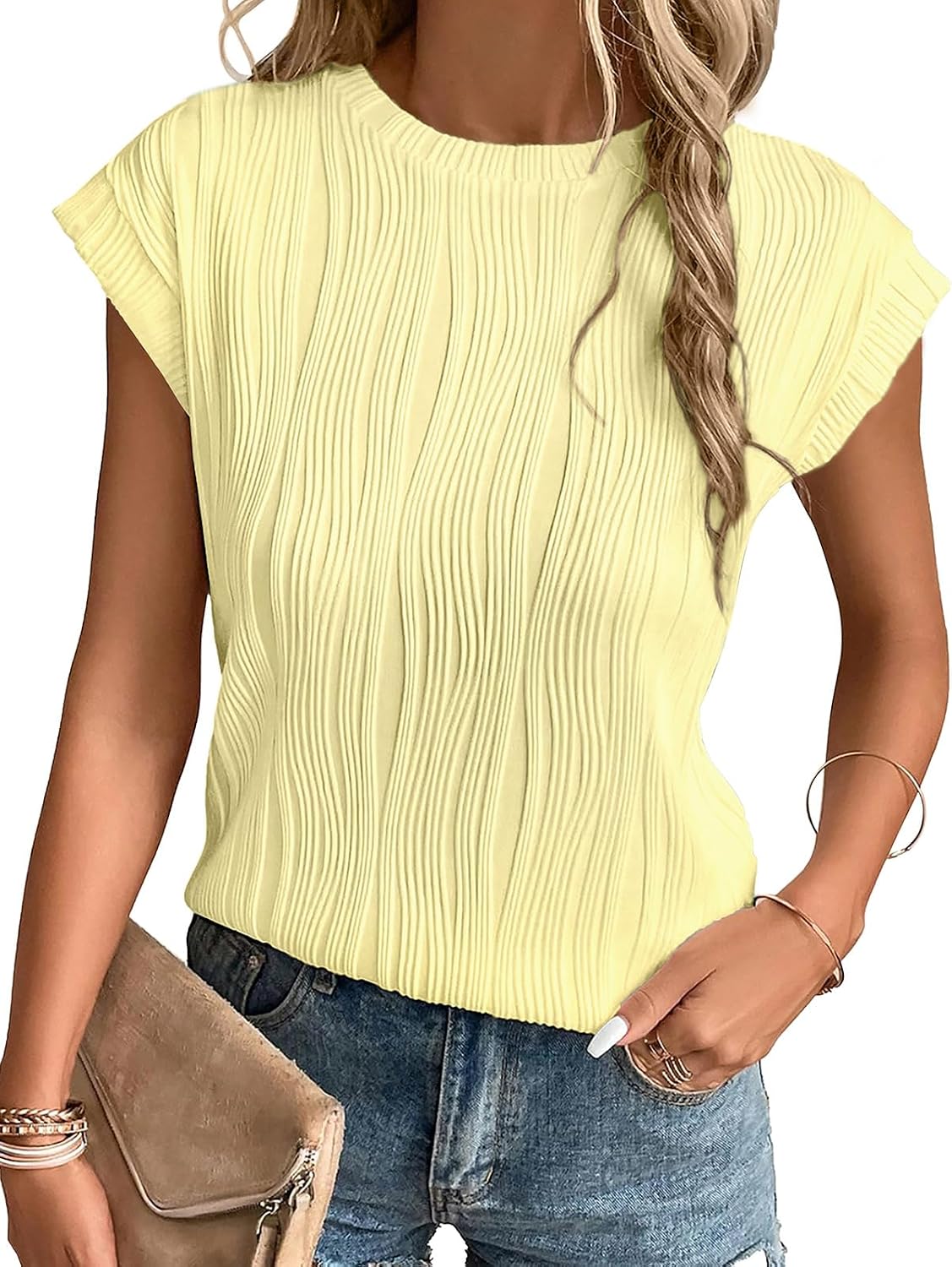 Charlene T-Shirt Femme en Maille – Haut Décontracté à Col Rond et Manches Chauve-Souris