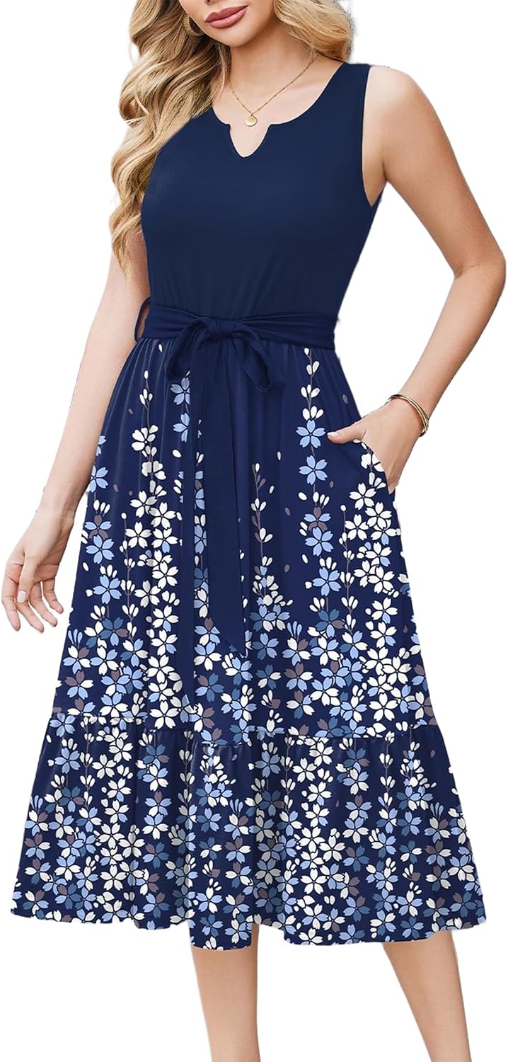 Camille Robe Femme – Robe Midi Sans Manches à Col V avec Ceinture Amovible et Poches