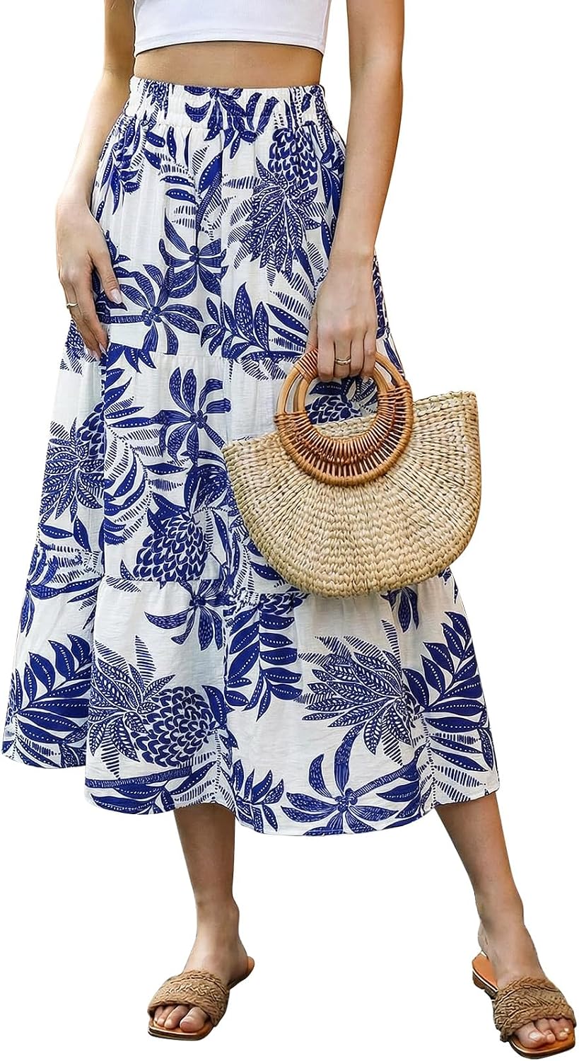 Émilie Jupe Longue Femme – Jupe Midi Évasée à Imprimé Floral avec Taille Élastique