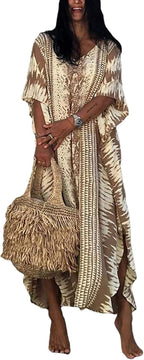 Joanna Caftan Femme – Robe Longue Ample à Col V avec Ceinture