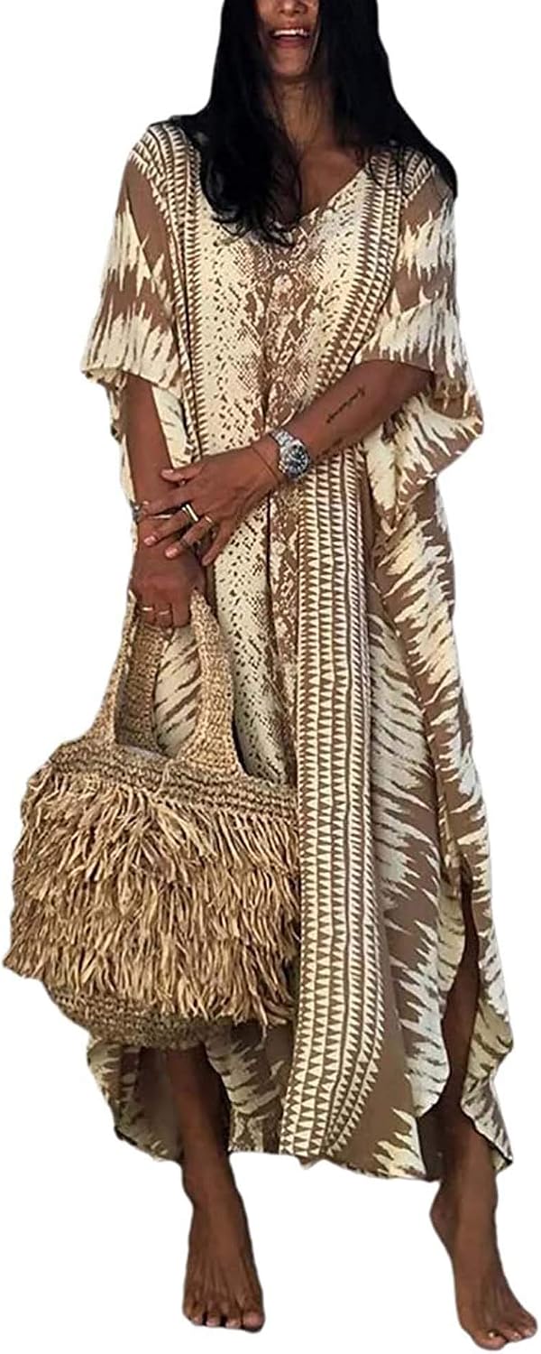 Joanna Caftan Femme – Robe Longue Ample à Col V avec Ceinture