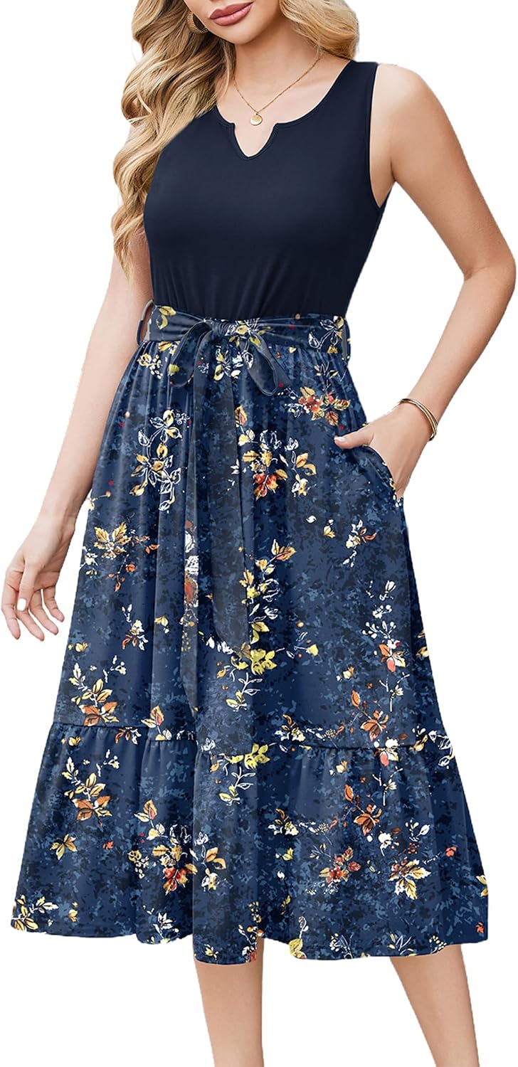 Camille Robe Femme – Robe Midi Sans Manches à Col V avec Ceinture Amovible et Poches