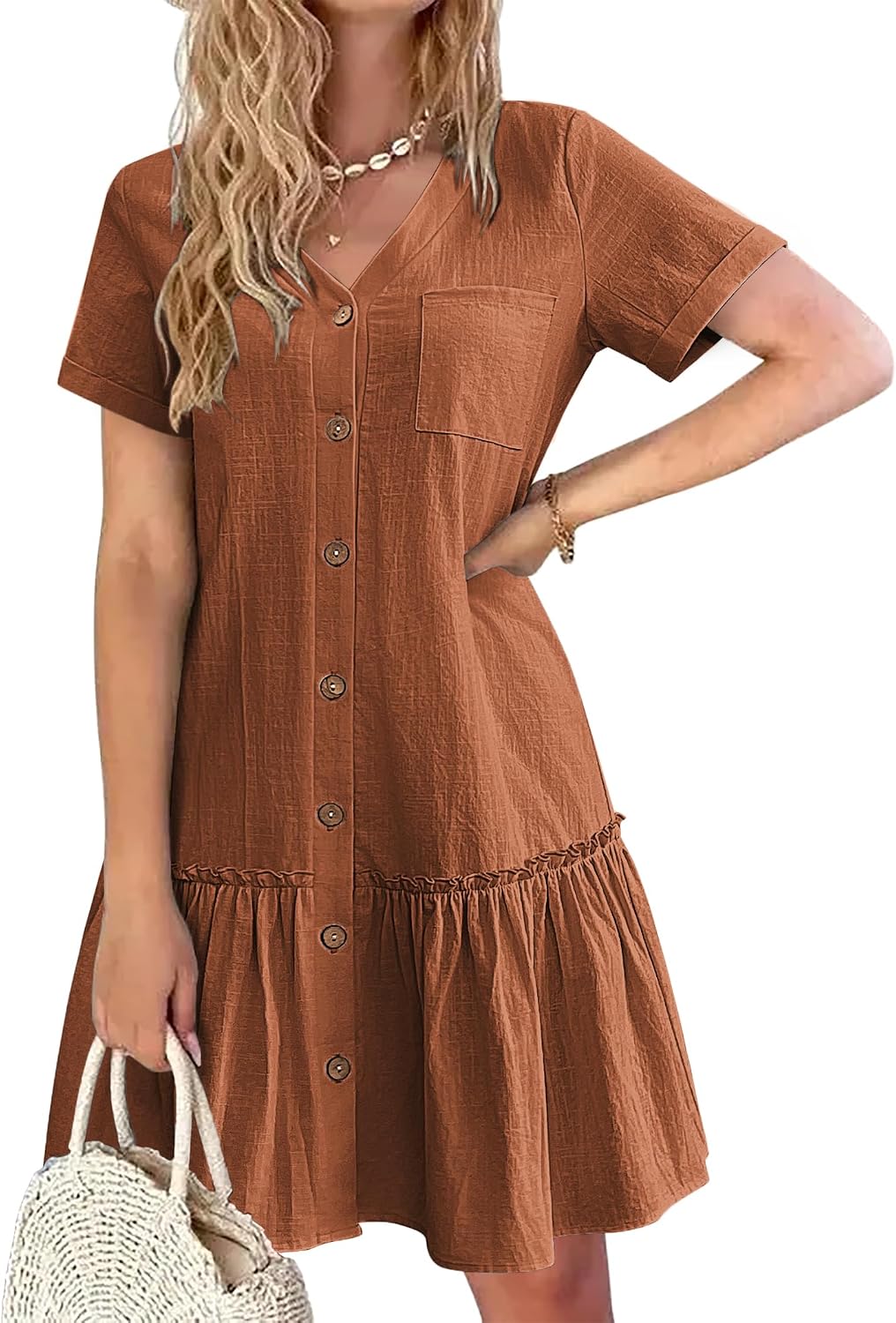Lison Robe d'Été – Robe Courte en Mélange Coton-Lin à Col V Boutonné