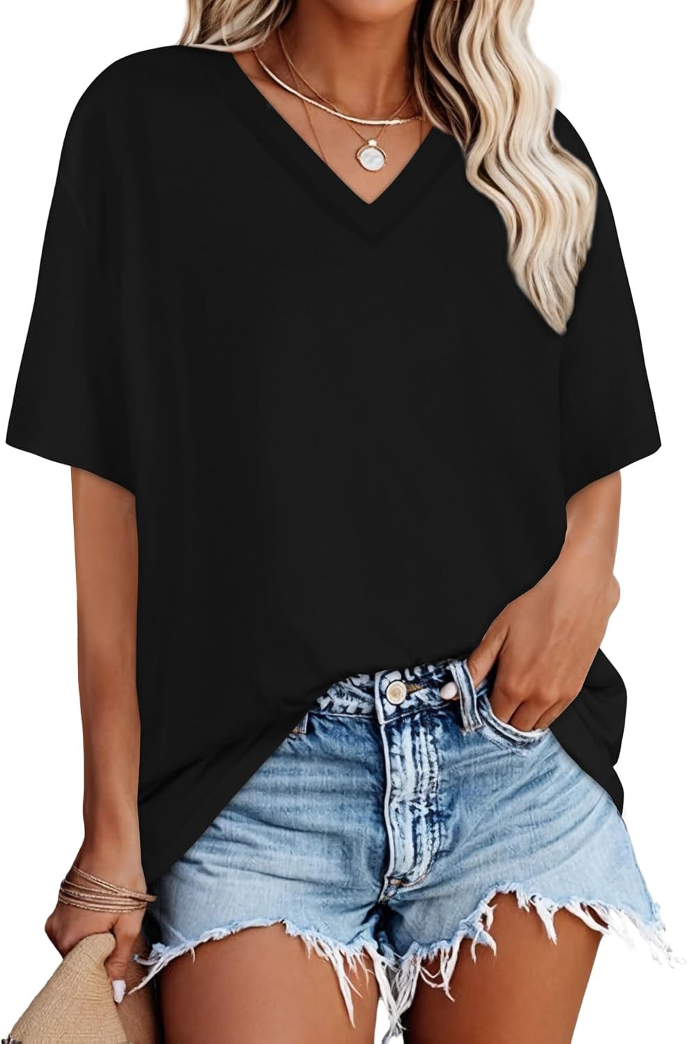 Elaine T-Shirt Oversize Femme – Haut Décontracté à Col V et Manches Courtes