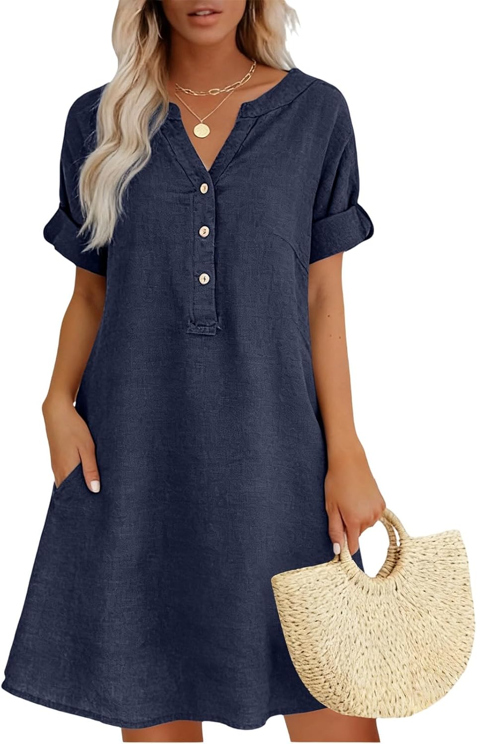 Rochelle Robe Midi Femme – Coupe Fluide en Coton et Lin pour l'Été