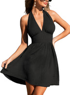 Kristine Robe Courte Femme – Col Halter Dos Nu avec Taille Smockée