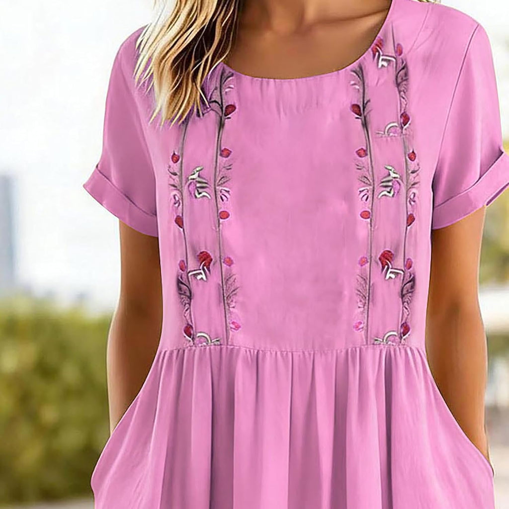 Matilde Robe Femme – Robe Midi en Coton et Lin avec Broderies Florales, Plis et Poches