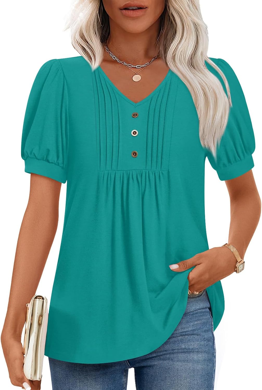 Lucille Blouse Femme – Haut à Col V avec Manches Bouffantes et Détails Boutonnés