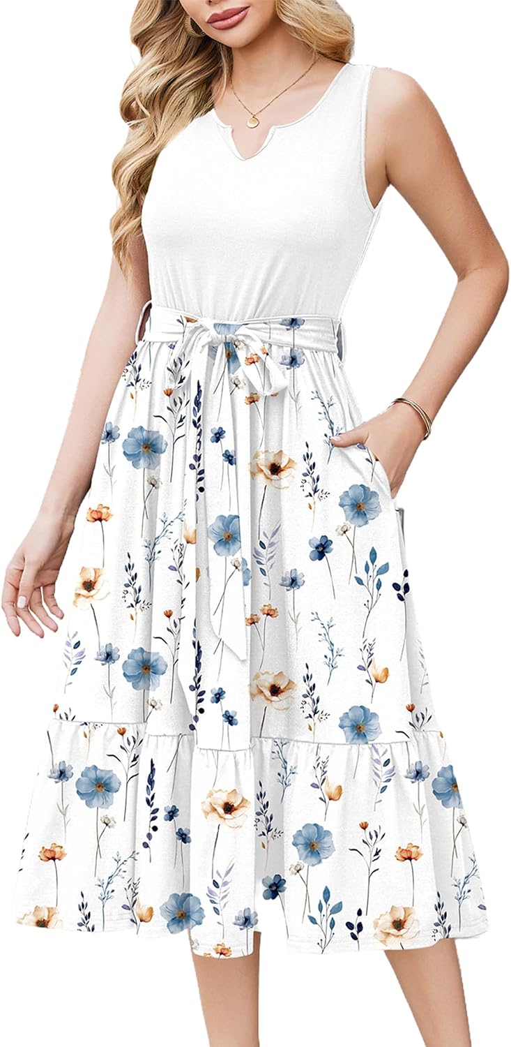 Camille Robe Femme – Robe Midi Sans Manches à Col V avec Ceinture Amovible et Poches