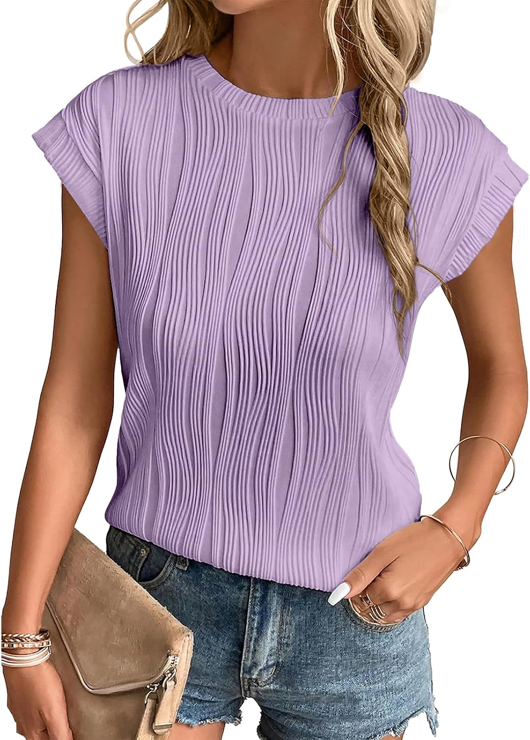 Charlene T-Shirt Femme en Maille – Haut Décontracté à Col Rond et Manches Chauve-Souris