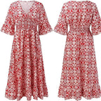 Charlotte Robe Femme Grande Taille – Robe Longue Fleurie à Col V avec Taille Élastiquée et Manches 3/4