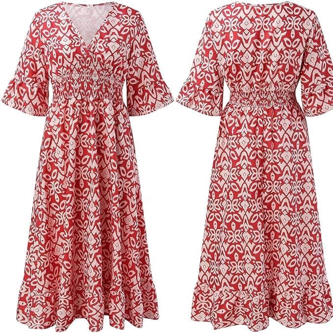Charlotte Robe Femme Grande Taille – Robe Longue Fleurie à Col V avec Taille Élastiquée et Manches 3/4