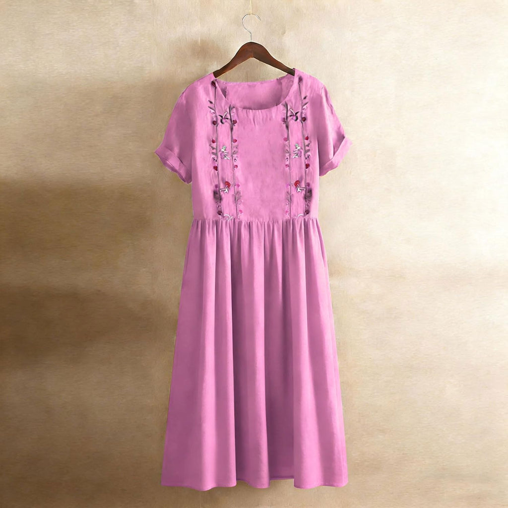 Matilde Robe Femme – Robe Midi en Coton et Lin avec Broderies Florales, Plis et Poches