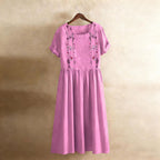 Matilde Robe Femme – Robe Midi en Coton et Lin avec Broderies Florales, Plis et Poches